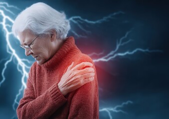 Elderly Woman Experiencing Pain in Shoulder Against Dramatic Background with Lightning Effects