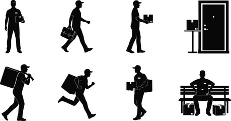 Delivery service silhouette set of courier people and parcels, showing shipping, running, and delivering packages to a customer's door