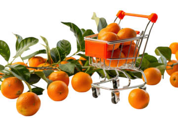 A vibrant display of fresh oranges in a miniature shopping cart surrounded by lush green leaves, creating a delightful market ambiance isolated on transparent background