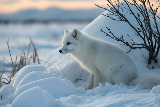 Arctic Fox in Snowy Tundra – Sunrise Glow on Camouflaged White Fur Capturing Wildlife Adaptation, Polar Beauty, and Nature’s Resilience in Cold Environments  generative ai