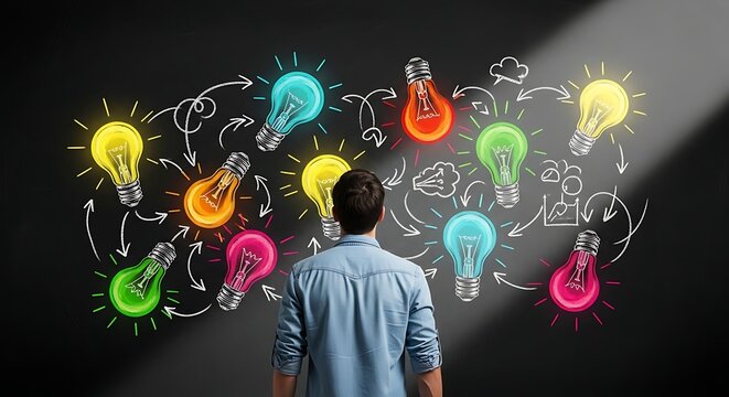 Man observing colorful glowing lightbulbs and chalk drawings ideas creativity