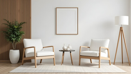 Scandinavian Interior with Blank Frame, Two Armchairs, and Wood Slat Wall