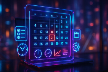 Futuristic neon calendar interface for time management and scheduling, glowing checklist and task planner on laptop, productivity dashboard for project management, deadlines, efficient organization