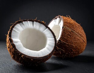 Two halves of a coconut on dark stone