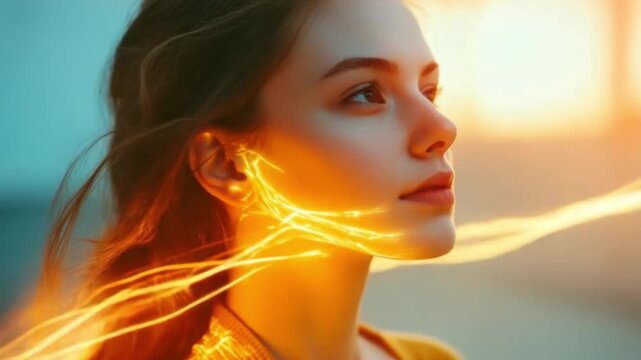 Engaging visuals of a woman illuminated by soft light. This footage offers a serene and artistic touch. Ideal for creative inspiration and uplifting content. AI