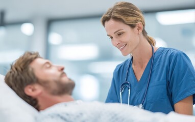 Obraz premium Compassionate Nurse Providing Care to Patient in Modern Clinic Setting with Professional Smile