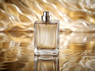 Elegant perfume bottle with silver atomizer on rippled water surface and gold backdrop