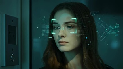 Young woman undergoing biometric face scan with digital data overlays for security access. Futuristic authentication technology video. - Powered by Adobe