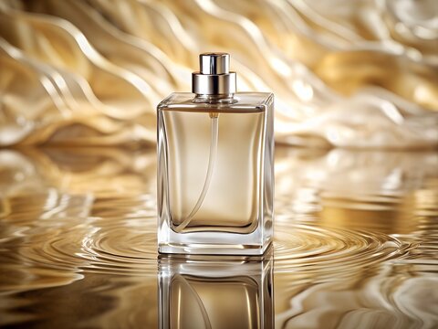 Elegant perfume bottle with silver atomizer on rippled water surface and gold backdrop