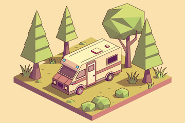 Fototapeta premium 3d render, pastel colored camper van, surrounded by low poly trees and bushes, cozy outdoors scene, minimalist style, soft lighting, vibrant colors, digital illustration