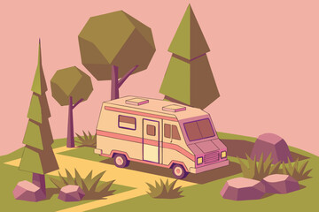 Obraz premium 3d render, pastel colored camper van, surrounded by low poly trees and bushes, cozy outdoors scene, minimalist style, soft lighting, vibrant colors, digital illustration