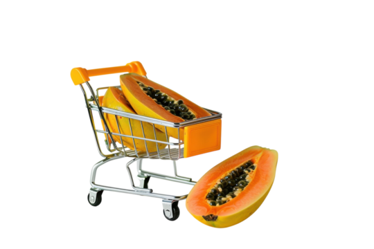 A playful shopping cart filled with vibrant papayas against a neutral backdrop in a whimsical kitchen setting isolated on transparent background