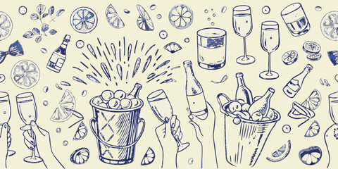 Hand drawn sketch of champagne bottles in ice buckets with citrus slices and glasses celebrating a party