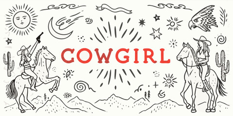 Whimsical hand drawn cowgirl elements featuring horses cacti mountains sun moon and stars