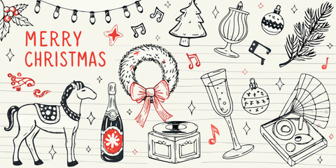 Merry christmas doodle art featuring festive decorations and celebratory elements