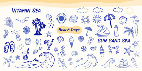 Fun hand drawn summer beach vacation elements collection with tropical vibes and ocean life