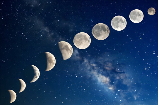 Moon Phases Across Starry Sky – Stunning Arc of Lunar Cycle from Crescent to Full Moon with Milky Way Backdrop, Ideal for Astronomy and Science Education  generative ai