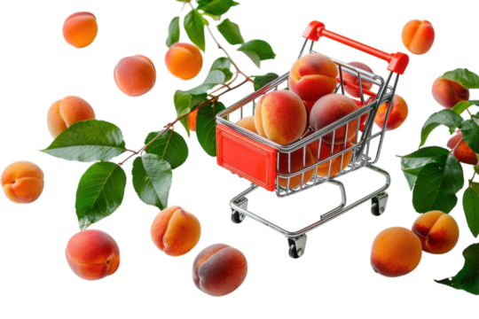A vibrant shopping cart filled with fresh peaches surrounded by scattered fruit and green leaves on a bright surface isolated on transparent background - Powered by Adobe