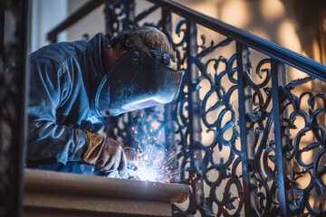 A welder is carefully working on a decorative metal railing, surrounded by construction materials, as sparks fly in the late afternoon light. Safety gear is worn during the task