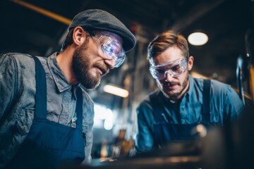 Men in work clothes are collaborating in a well-lit workshop. They wear safety glasses and are focused on their task, showcasing teamwork and concentration on the mechanical project