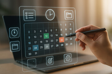 Time management and scheduling calendar on laptop, hand with stylus using transparent holographic UI with checklist icons for task planning, productivity, project management, deadline tracking, organi