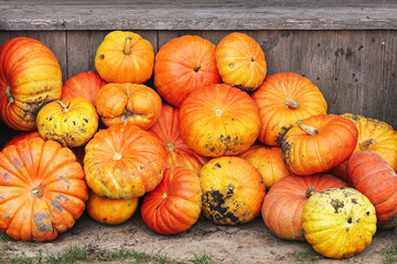 Pile of decorative pumpkins harvested in autumn season. Colorful gourds with unique natural shapes. Organic vegetables for fall decoration, harvest festival, Thanksgiving, and farming concept.