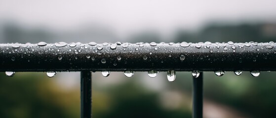 Close-Up of Rain Droplets on a Metal Railing During a Rainy Day in a Serene Atmosphere