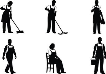 Obraz premium Janitor and cleaning service silhouette set showing workers sweeping, mopping, and holding cleaning supplies for home and office maintenance
