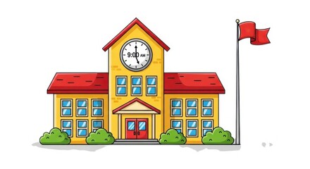 Fototapeta premium Cartoon school building with clock tower on isolated on white background