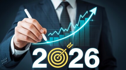 Obraz premium A business professional marks a growth chart for 2026, symbolizing targets and progress in a corporate environment.