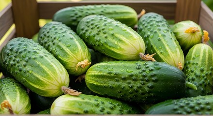 Fresh green cucumbers water droplets wooden crate image