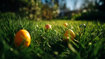A bright green lawn with hidden Easter eggs shining under bright sunlight