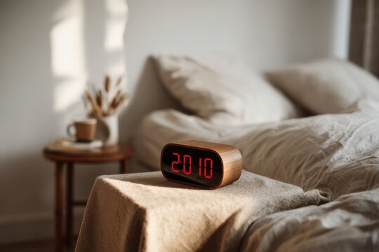 Wooden digital clock on a bedside table in a bedroom