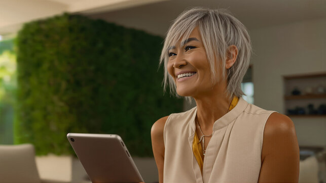Experience the joy of connection at any age. A beautiful, mature woman shares a heartfelt laugh online, a perfect visual for technology and wellness brands.
