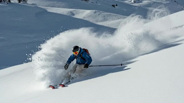 Man ski descends off piste in snowy mountain, with powder spraying, winter extreme sport and recreation concept footage.