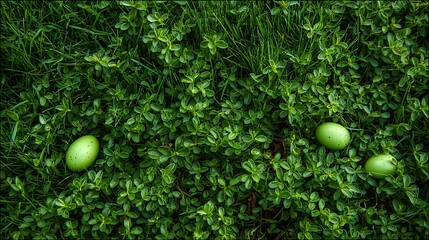 A bright green lawn with tiny hidden Easter eggs near small green plants