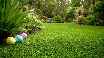 A bright green lawn with tiny hidden Easter eggs near small green plants