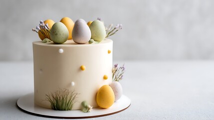 Easter style cake with egg shaped decorations on a minimalist white background