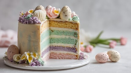 Easter style layered cake with soft pastel icing on a white surface