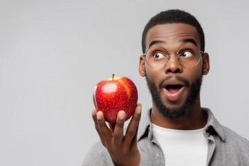 Person with an excited expression, holding a shiny red apple and wearing circular framed glasses.