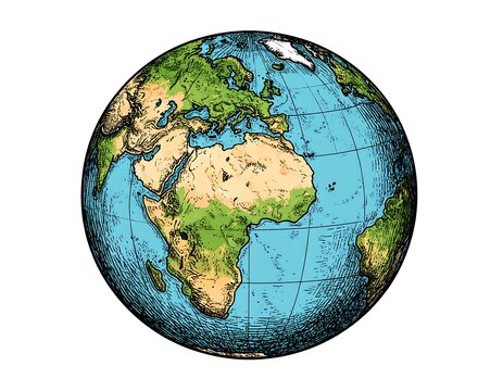Hand-drawn illustration of Earth, showcasing continents and oceans with a detailed, vintage aesthetic - Powered by Adobe