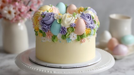 Easter style cake with smooth pastel icing on a white surface