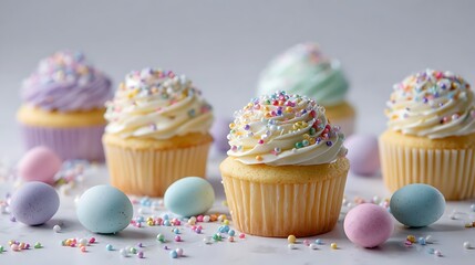 Easter cupcakes with colorful sprinkles on a minimalist white background