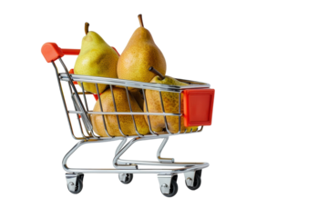 A small shopping cart filled with ripe pears showcases a colorful and fresh display of fruit against a clean, minimalist background isolated on transparent background