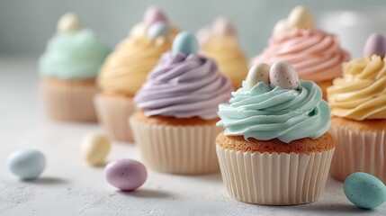 Easter cupcakes with pastel frosting and small eggs on a clean white surface