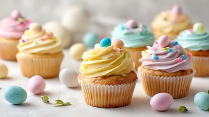 Easter cupcakes with pastel frosting and small eggs on a clean white surface