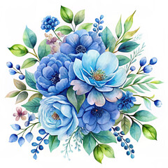 Watercolor style bouquet of blue flowers with green leaves and accents. Isolated on white