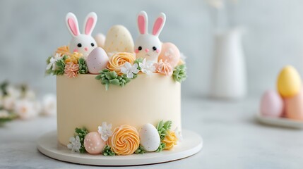 Easter style cake with bunny and egg toppings on a white background