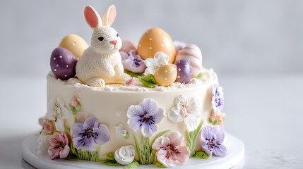 Easter style cake with bunny and egg toppings on a white background