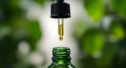 Precise drop of golden oil falls from dropper into elegant green glass bottle, natural essence captured.